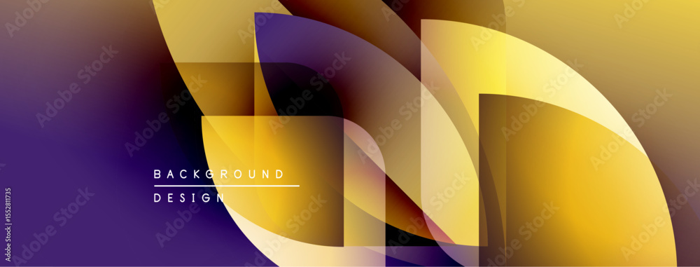 Poster Abstract geometric composition. Overlapping shapes create dynamic visual effect. Purple, yellow hues dominate design. Modern, stylish background.