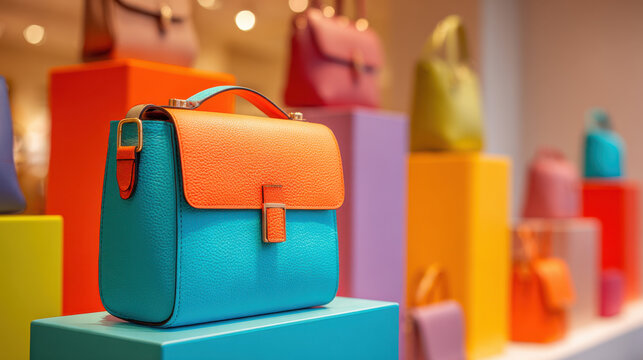 Colorful fashion handbags on display in retail shop ideal for vibrant marketing campaigns product promotions and shopping lifestyle visuals