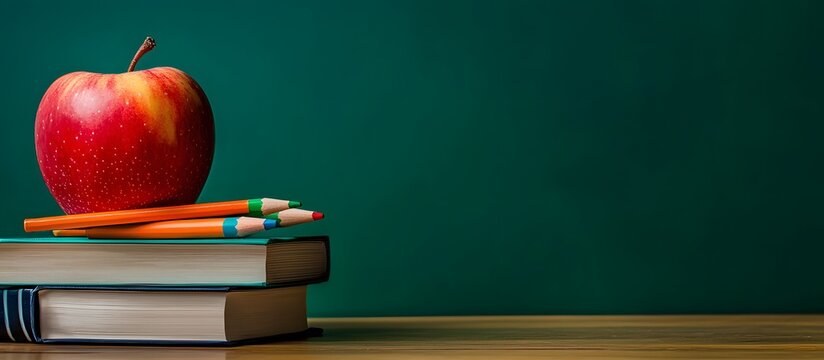 A red apple, pencils, and books on a desk with a blurred blackboard in the background symbolize education, learning, and back-to-school. Ideal for academic and classroom concepts.