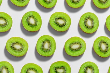 Fototapeta premium A repeating pattern of vibrant green kiwi slices arranged on a bright white background, casting subtle shadows