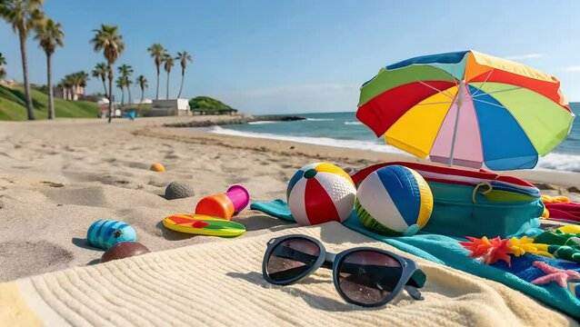 Essential beach items rest on golden sand under a bright sun, umbrellas casting soft shadows as waves roll in and children play with toys near the water&rsquo;s edge, Dynamic Camera