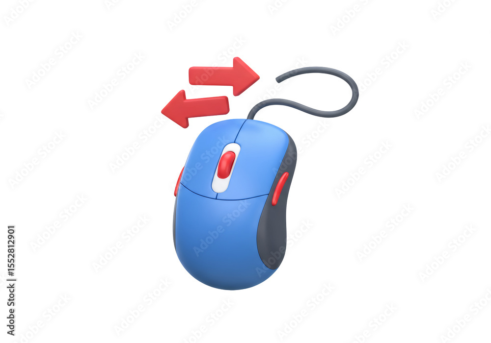 Poster blue computer mouse with red arrows on black background digital input device