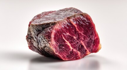 Fototapeta premium A roughly-hewn, dark-red beef cut, possibly frozen, sits on a stark white surface. Its irregular shape and slightly dry exterior are visible. The meat's marbling is subtly apparent