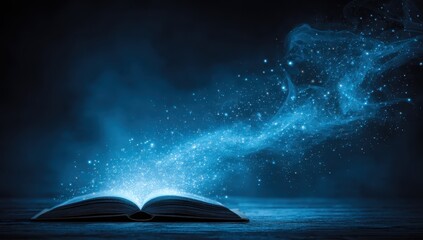 Open book with glowing blue magic