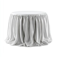 A round pedestal table draped with a flowing, gathered, silver-grey satin cloth, creating soft folds and pleats