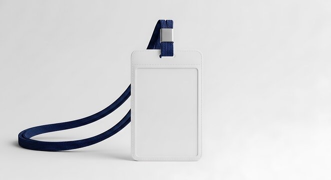 A blank white ID badge with a blue lanyard, isolated on a white background, ready for customization.