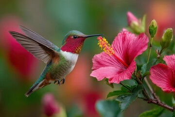 Naklejka premium A vibrant hummingbird hovers near a bright pink hibiscus flower, extracting nectar in a sunny garden filled with greenery