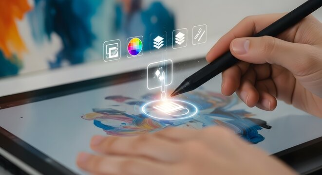 A person using a stylus to draw a colorful abstract design on a digital tablet