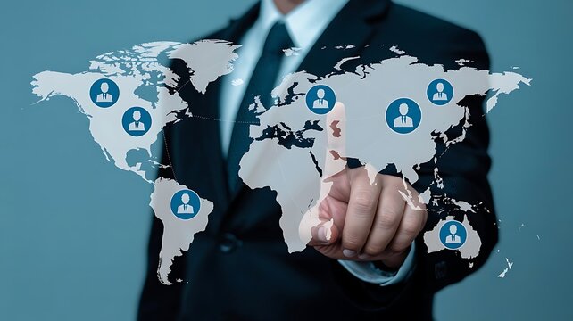 Businessman pointing at world map with user icons in global network - Powered by Adobe