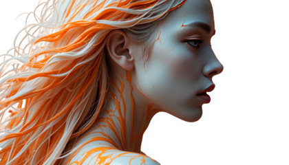 Surreal portrait of a woman in profile, porcelain white skin, hair a dynamic swirl of orange, white and black liquid paint, marble texture, splashes on the face, cut out on a transparent background