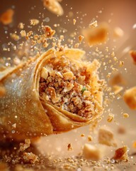  Street Food Shot: Lumpia Spring Roll Cracking Mid-Air on Light Brown Background
