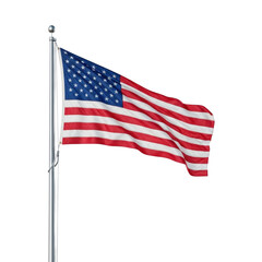 Obraz premium The iconic american flag, featuring red and white stripes with a blue field of white stars, proudly waves on a silver flagpole, symbolizing freedom and national identity.