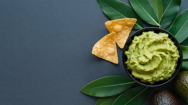 Overhead shot of guacamole with chips and leaves on dark background