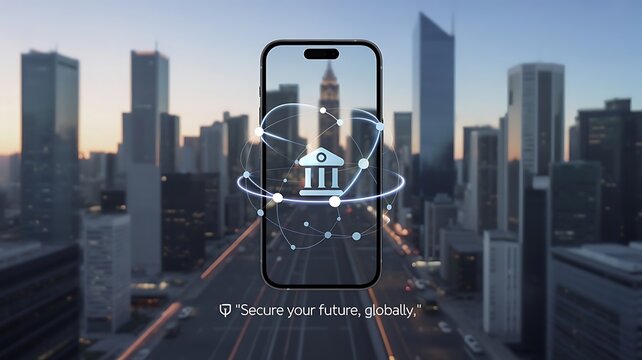 Smartphone showing banking app icon with city skyline in the background
