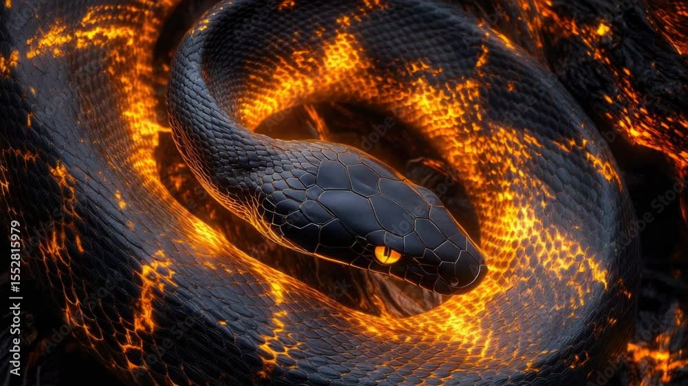 Poster a close-up shot of a snake engulfed in flames, with intense heat and flames all around