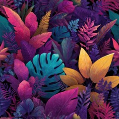 Vibrant, stylized tropical foliage in deep pinks, purples, teal, and golds, densely layered against a black background