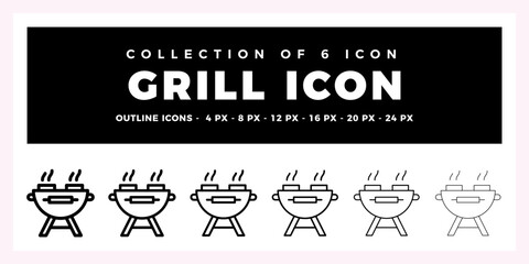 Collection of 6 Grill Icons. Outline. Vector. BBQ