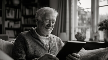 Contented Elder Using a Tablet: In a serene, grayscale setting, an elderly individual is immersed in a tablet.