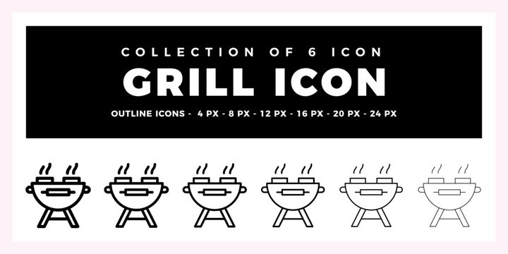 Collection of 6 Grill Icons. Outline. Vector. BBQ