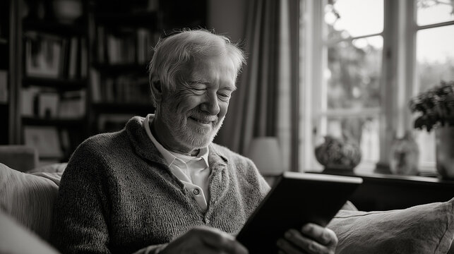Contented Elder Using a Tablet: In a serene, grayscale setting, an elderly individual is immersed in a tablet.
