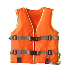Bright orange life vest isolated. Life jacket rests on a rocky surface near water, emphasizing safety and outdoor adventure.