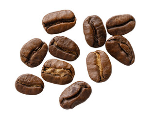 Close up of coffee beans roasted. Fresh dark brown coffee beans or many roasted coffee beans. Roasted coffee beans pile. Png transparency 