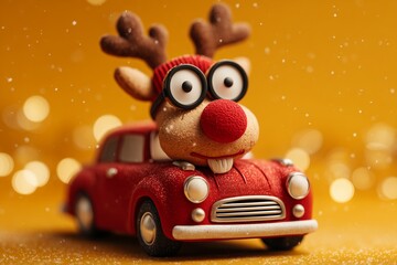 A red-nosed reindeer car with Santa goggles eating a gingerbread cookie, Christmas lights and snowflakes on cheerful yellow background