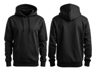 Black hoodies in front and rear views for mockup designs and apparel product photography, perfect for showcasing designs and for fashion brands.