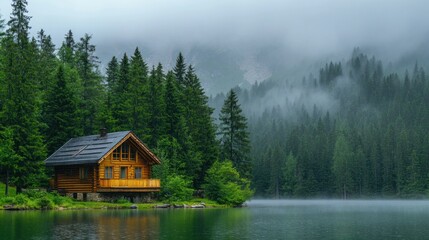 Wooden cabin by a misty lake in a lush forest