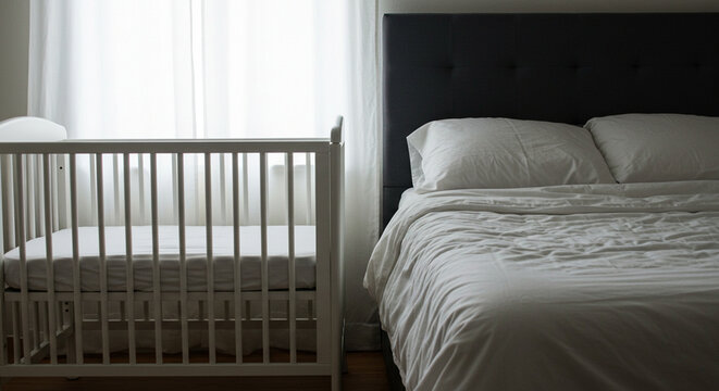 Modern nursery with crib beside unmade bed and bright curtains  