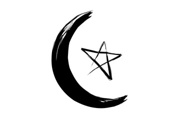 Crescent moon and star icon symbol grunge style on transparent background