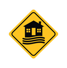 Flood area sign, natural disaster with house, heavy rain and storm , damage with home