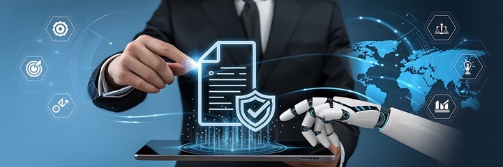 Person and robot arm interacting with digital document on a tablet device