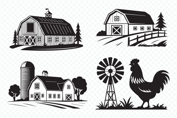black and white farm vector illustrations featuring barn, silo, windmill and rooster for agricultural and rustic design © AIcon Star