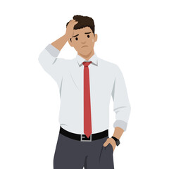 Stressed Office Worker in Deep Thought. Flat vector illustration isolated on white background