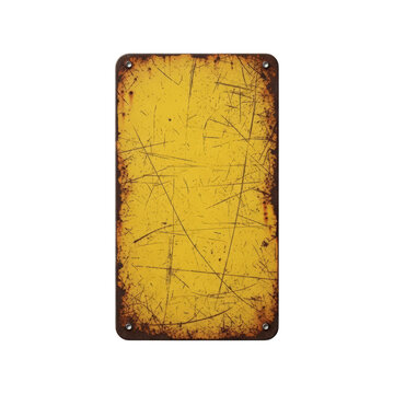 A rectangular yellow metal sign with heavily rusted edges and numerous scratches across its surface, perfect for adding a grunge or vintage texture to designs.