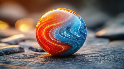  A Kaleidoscope of Blue, Orange, & White Hues. Resting on a Damp Surface with Blurry Sunset Lights, Symbolizing Playfulness, Wonder, and Intricate Beauty.
