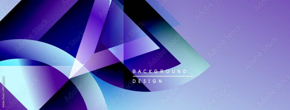 Poster Abstract shapes overlap, creating vibrant blue, purple gradients. Modern design suggests technology, innovation, dynamic movement. Background features text elements.