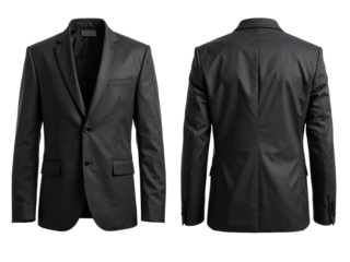 Black men’s suit jacket shown from both front and back, ideal for business or formal wear product listings or fashionrelated projects.
