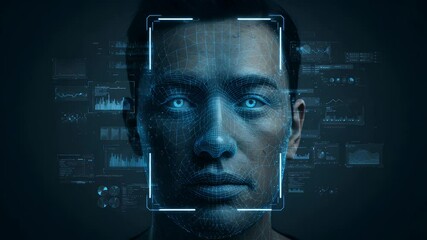 Face recognition technology with overlaid data visualizations - Powered by Adobe