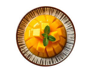  Overhead view of mango jelly dessert with mango cubes and mint leaves garnish on a rustic wooden table