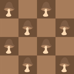 Hand-drawn mushrooms on a brown table background. Autumn seamless pattern for clothing, fabric, wallpaper, backdrop, home decoration, cover book, and wall art.
