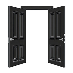 Open black double doors revealing isolated on transparent background