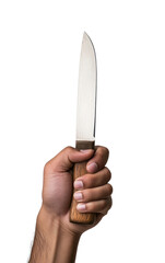 Raised hand holding large knife aggressively isolated on transparent background.