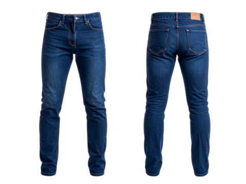Pair of dark blue jeans front and back. Suitable for fashion or clothing related design projects. Perfect for denim enthusiasts. - Powered by Adobe