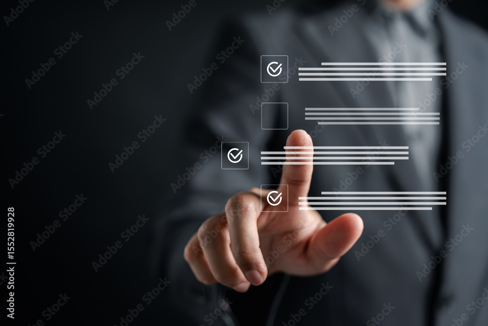 Aufkleber Businessman checking digital document checklist using touchscreen interface. Concept of online form review, approval process, electronic signature, and digital document verification.