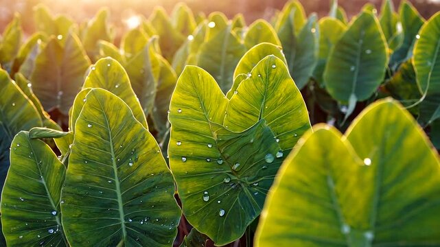 Lush green taro leaves glistening with morning dew under soft sunlight in a tranquil field