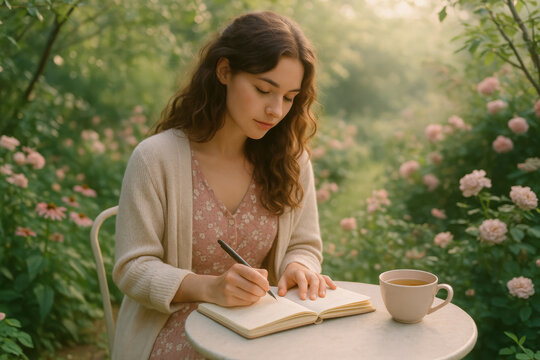 Young woman writing in notebook at garden table, enjoying morning tea