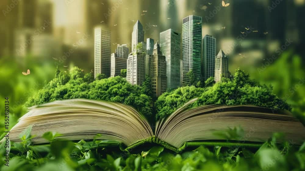 Poster an open book sits on a lush green field, perfect for outdoor reading or as a symbol of knowledge and
