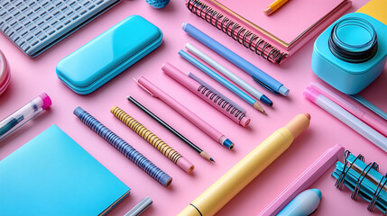  Stylish Pink and Blue Stationery & Gadgets, Neatly Arranged. Ideal for Creative Projects, Study, or a Modern Workspace, Blending Fun with Functionality.